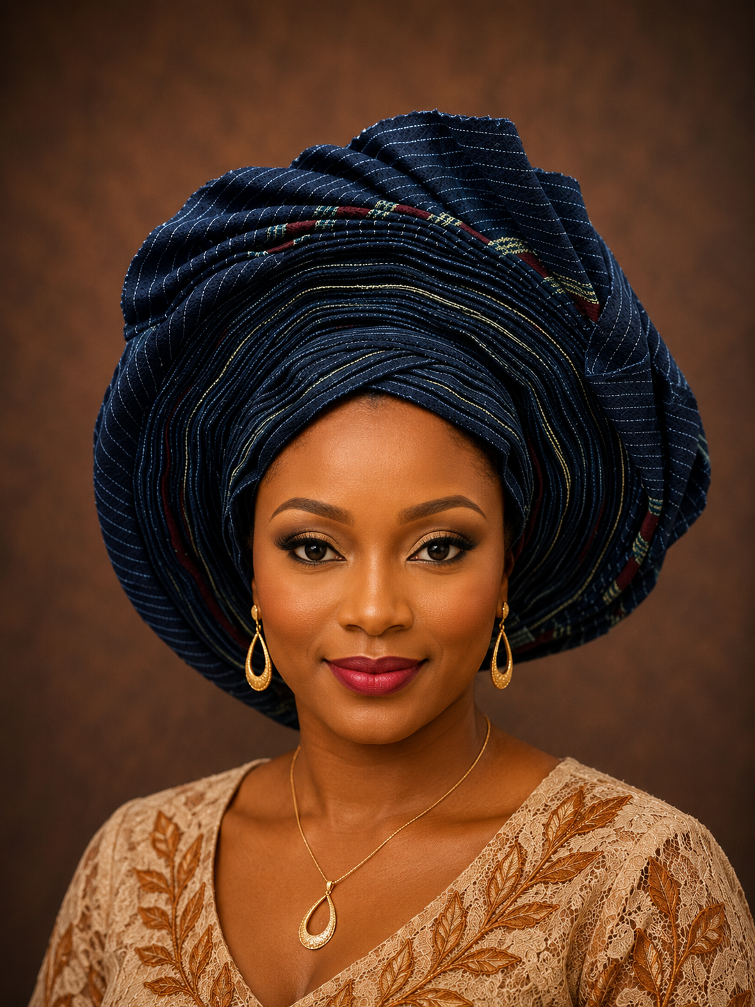 Navy Blue Multi-Stripe Aso Oke Gele