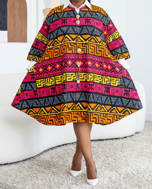 African Big Button Pink Multi-Print Ankara Dress