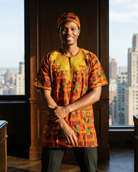 Men's Kente-Inspired African Dashiki Top with Matching Kufi Hat