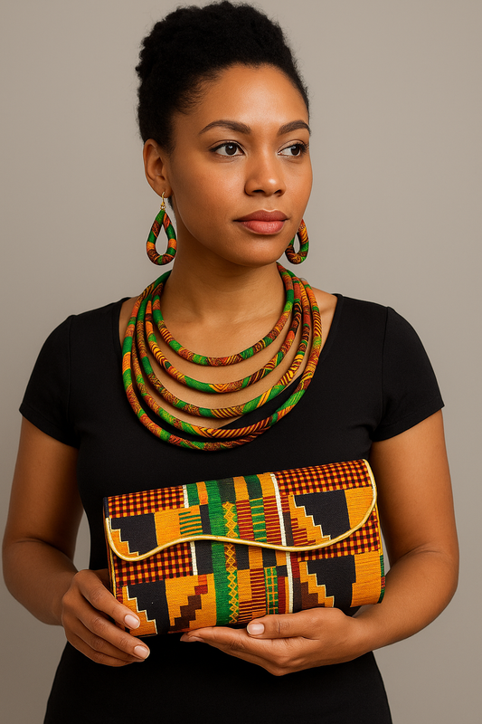 African Print Convertible Clutch Purse w/Matching Necklace & Earrings