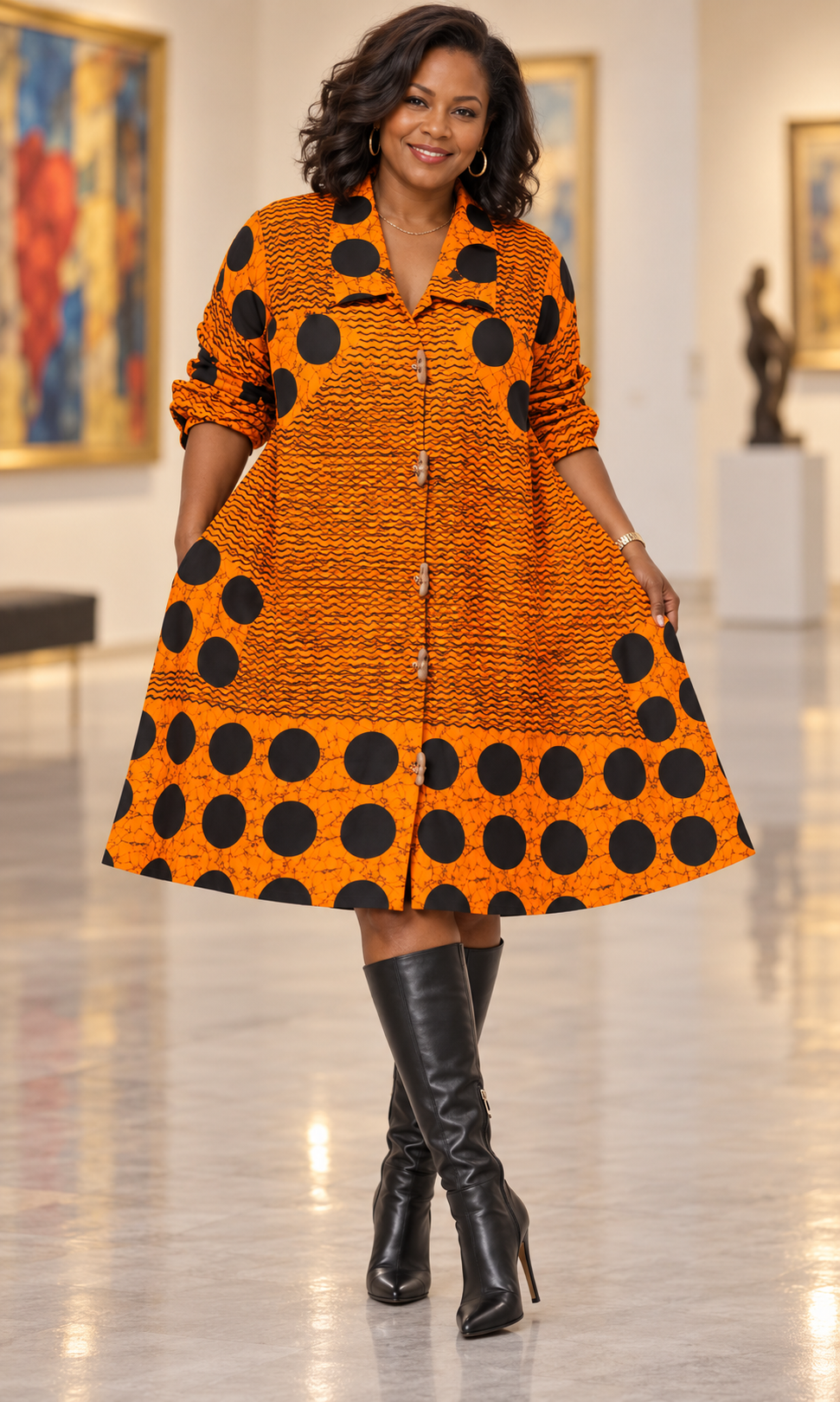 Orange & Black Circle Print Big Button-Front Dress