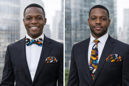 Midnight Abstract African Print Bow Tie & Necktie Set with Matching Pocket Square