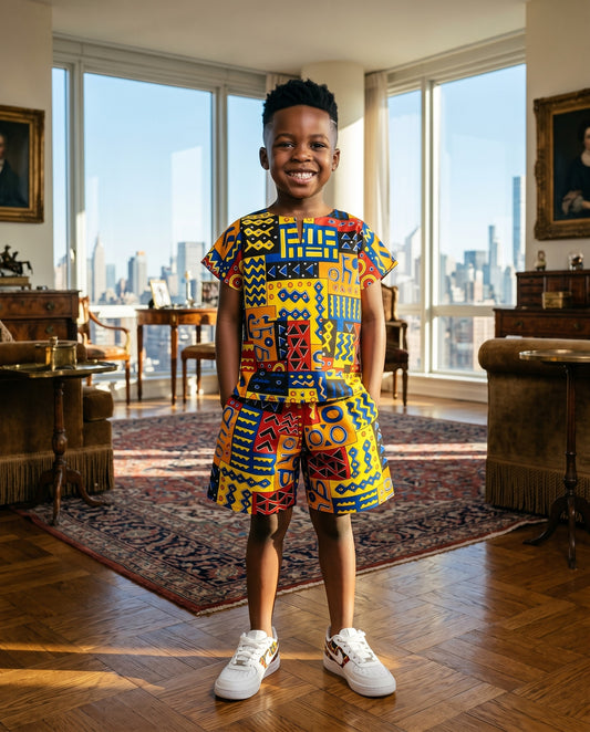 African Geometrical Print Kids 2-Piece Set – Short Sleeve Top & Shorts Outfit