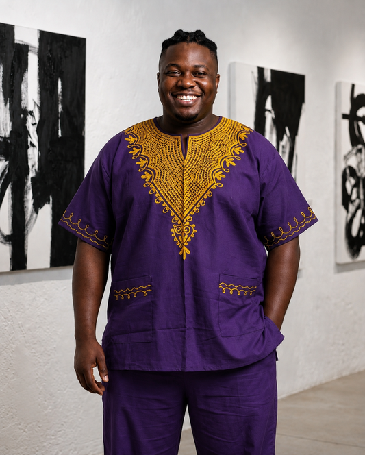 Purple African Dashiki Shirt with Matching Kufi Hat
