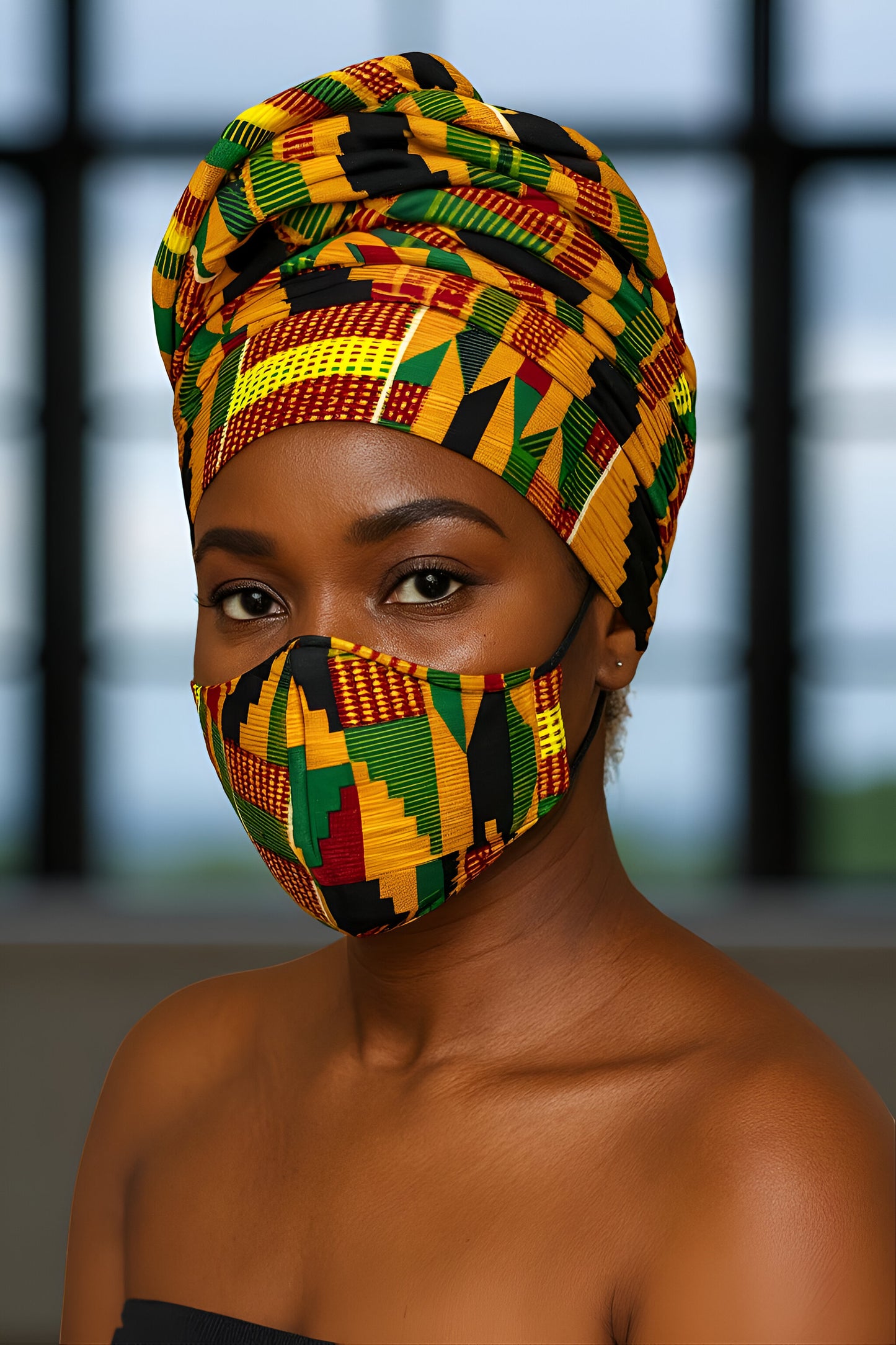 African Kente Print Style2 Headwrap with Matching Face Mask