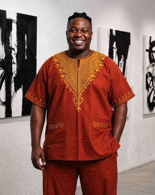 Rust Red African Dashiki Shirt with Matching Kufi Hat