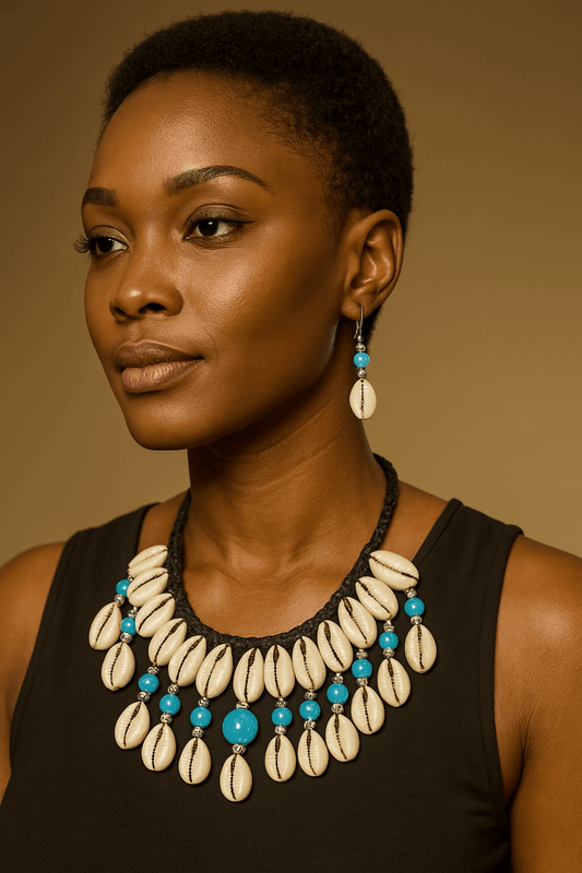 Light Blue Beaded Cowrie Shell Necklace & Earring Set