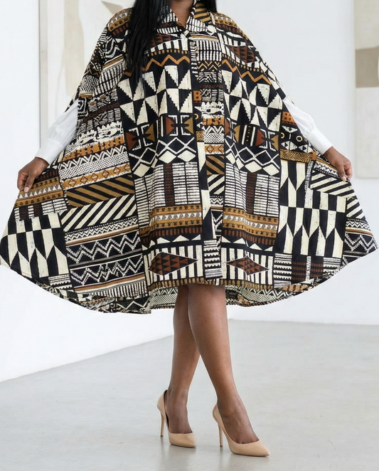 African Big Button Dark Brown Multi-Print Ankara Dress