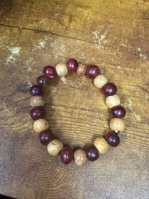 Men’s Two-Tone Reddish-Brown Wooden Bead Stretch Bracelet