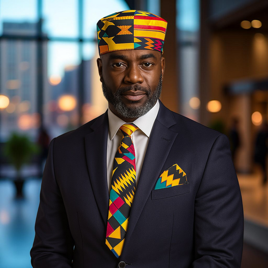 African Kente Multi Print 3pc Yellow/Black Necktie Set