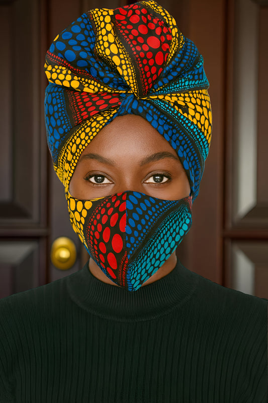 Bold Multi-colorful Ankara African Print Headwrap w/Face Mask