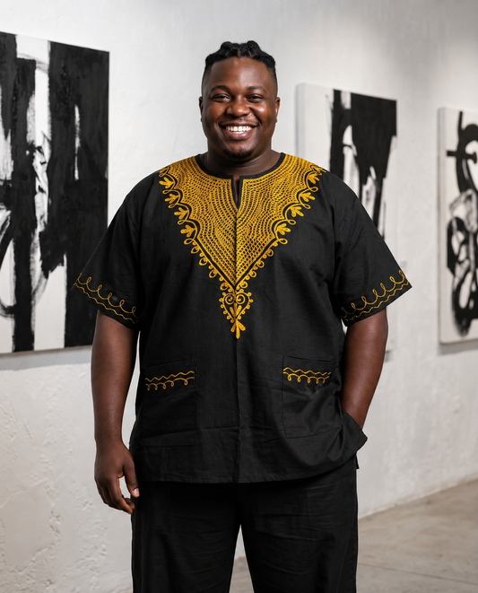 Black African Dashiki Shirt with Matching Kufi Hat