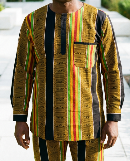 Men's African Style 4 Kente Print Long Sleeve Dashiki Shirt