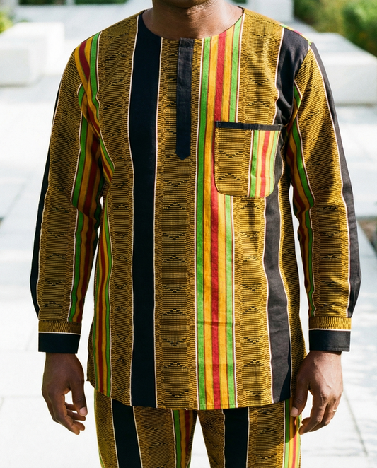 Men's African Style 4 Kente Print Long Sleeve Dashiki Shirt