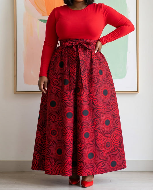 Red and Black Circular African Print Maxi Skirt