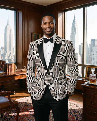 Men’s White and Black Patchwork African Print Blazer