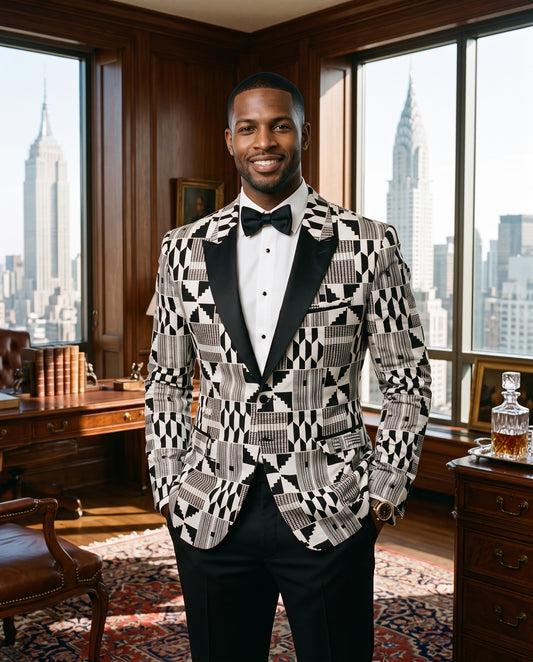 Men’s White and Black Patchwork African Print Blazer