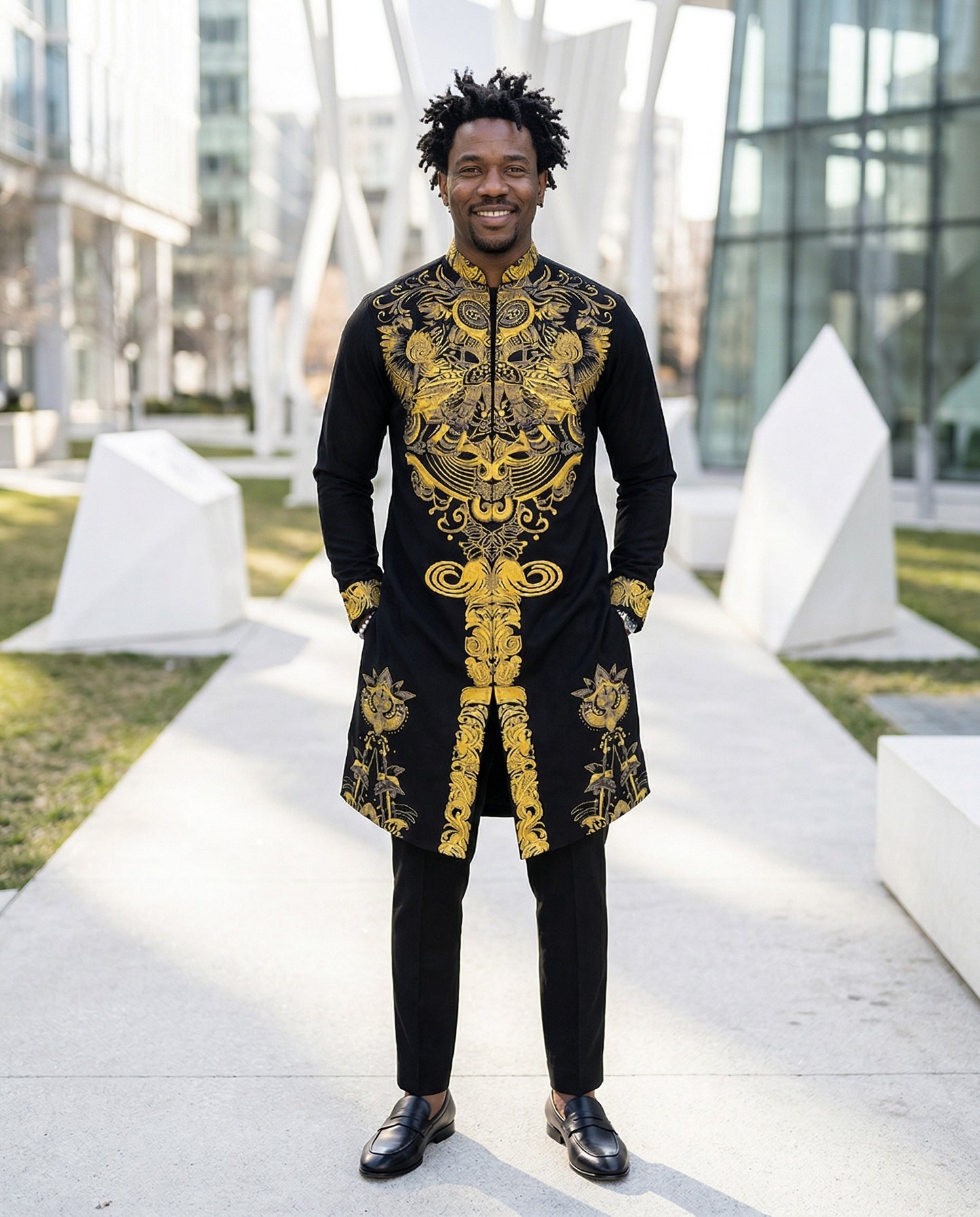 Men's Black & Gold Embroidered Luxury Tunic Set with Tailored Pants