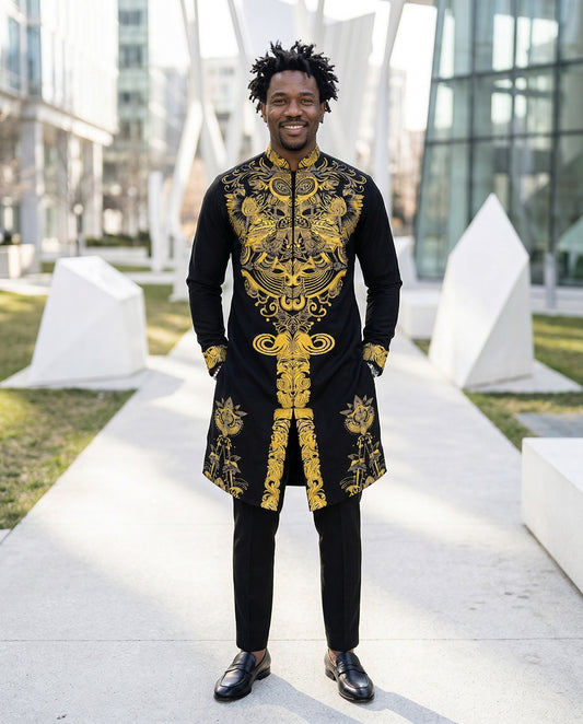 Men’s Black & Gold Embroidered Luxury Tunic Set with Tailored Pants