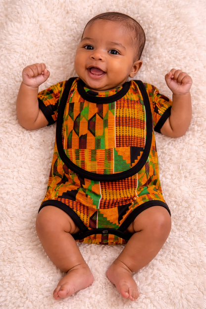 Kente Print Baby Romper Set – Onesie with Bib