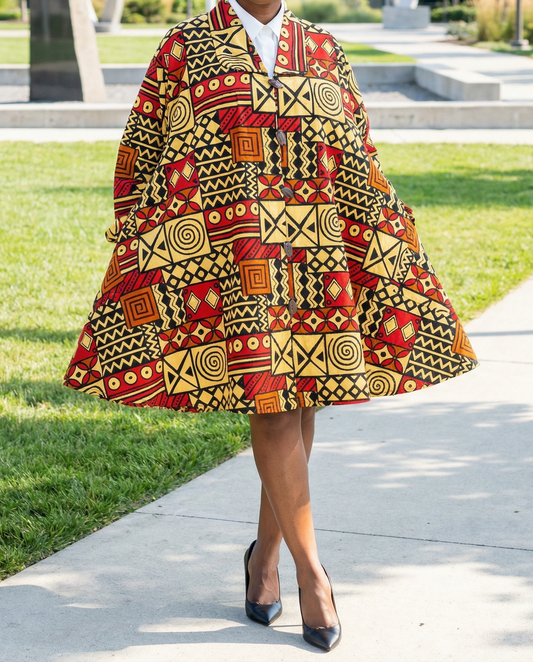 African Big Button Cream Multi-Print Ankara Dress