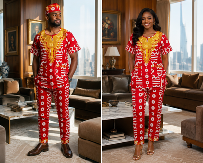 Red African Print 3-Piece Dashiki Set with Matching Kufi Hat