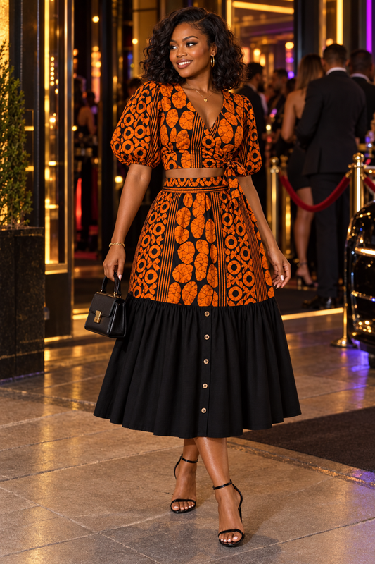 Orange & Black Print Wrap Top & Midi Skirt Set