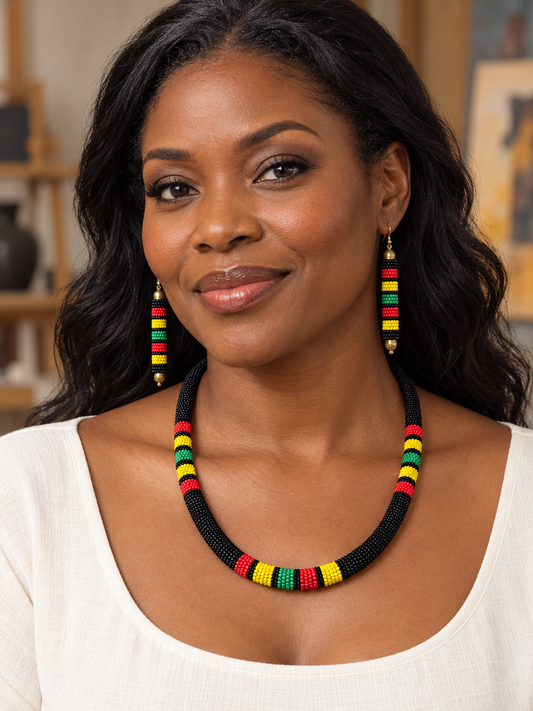 African Red, Yellow, Green & Black Beaded Necklace & Earrings Set