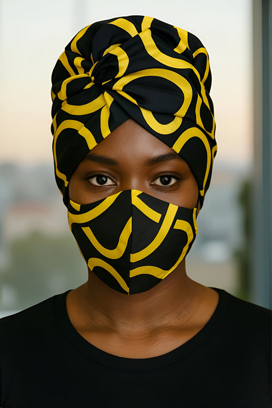 African Black Gold Print Headwrap & Matching Face Mask