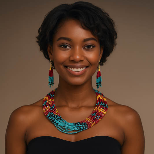 Native Style Beaded Multi Strand Layered Necklace Earring Set