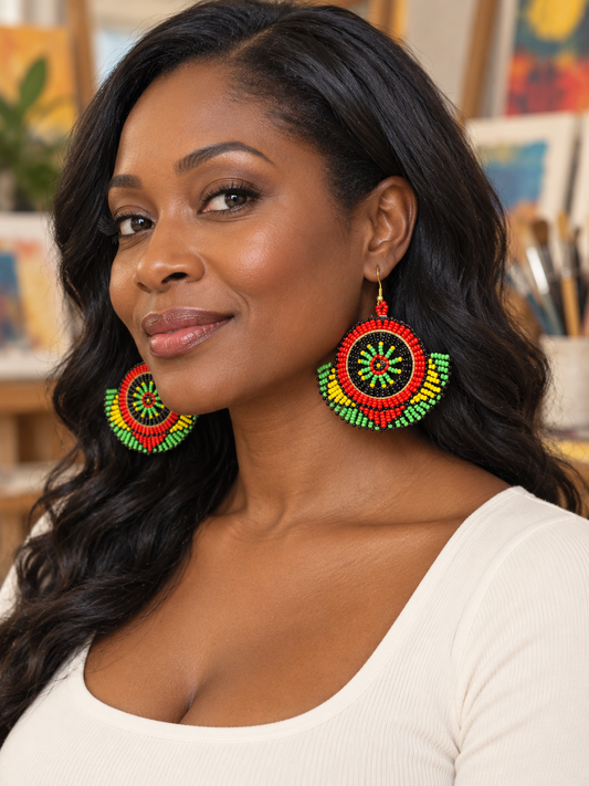 African Multicolor Fan-Shaped Beaded Statement Earrings – Red, Yellow, Green & Black
