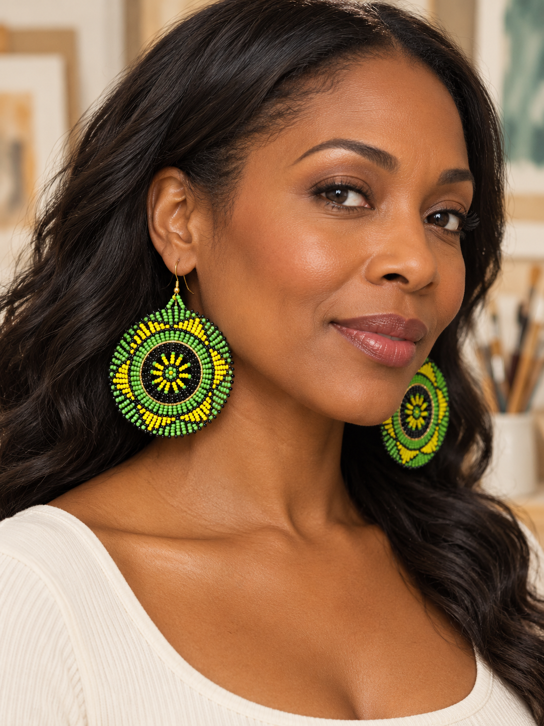 African Multicolor Round Beaded Statement Earrings – Green, Yellow & Black