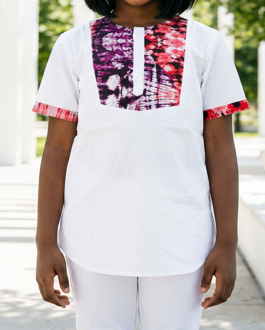 Kids White Dashiki Shirt with Pink & Purple Tie-Dye Panel
