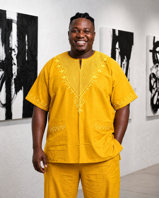 Yellow Gold African Dashiki Shirt with Matching Kufi Hat