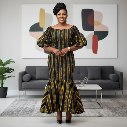 African Print Long Dark Kente Print Maxi Dress