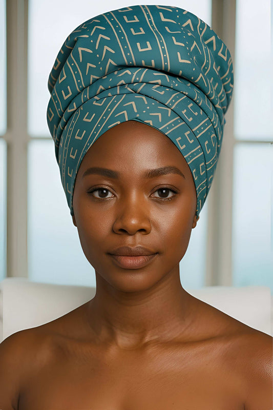 African Beige Teal Trible Print Headwrap