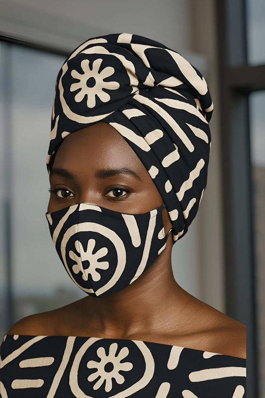 African Black/Cream Print Headwrap w/Matching Mask