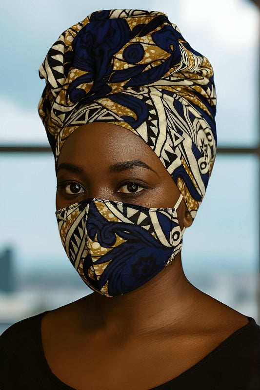African Blue/White Print Headwrap w/Matching Mask