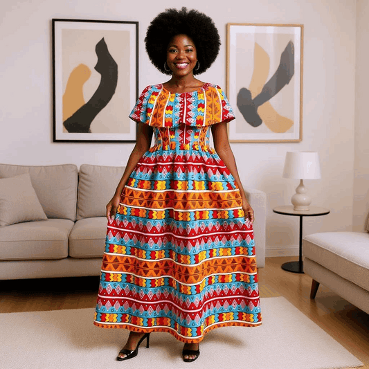 African Geometric Print Long Front Frill Dress