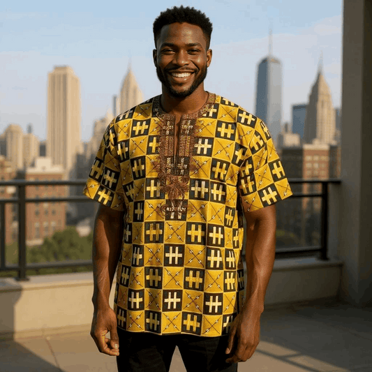 African Gold Yellow, Black, Green Gambia Dashiki Shirt