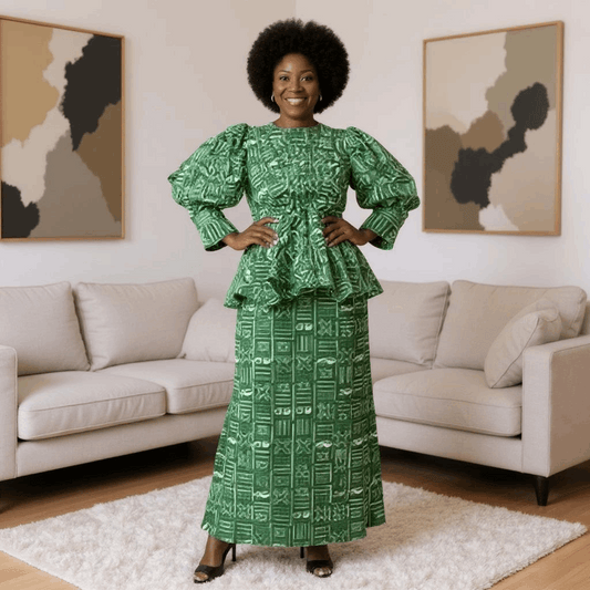 African Green Print Back Split Skirt Set (3XL)