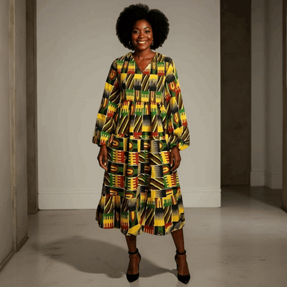African Kente Print Long Full Sleeve Dress