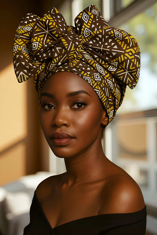 African Print Geometric Brown/Yellow Headwrap with bold tribal patterns in cotton fabric, styled in a large bow for cultural flair and hair protection.