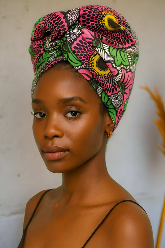 African Print Pink/Green Floral Headwrap