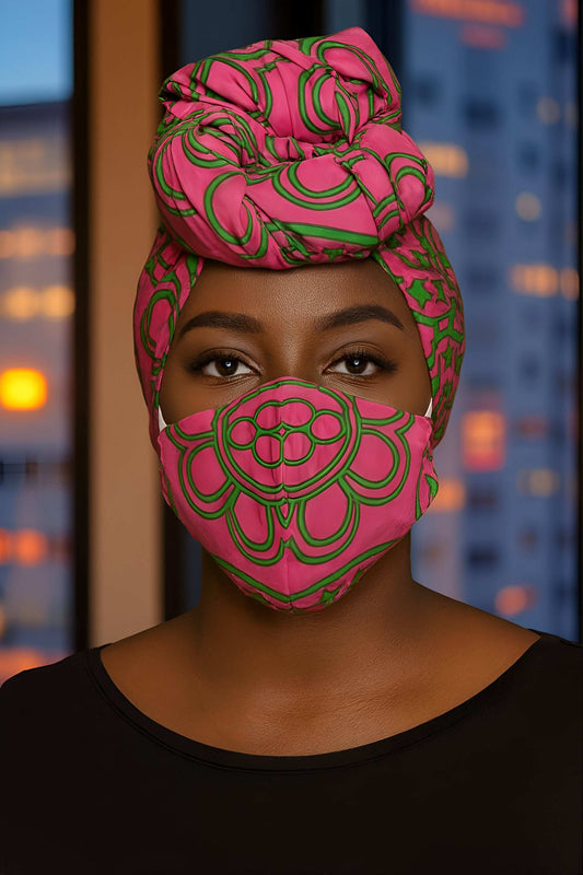 African Print Pink/Green Headwrap w/Matching Mask