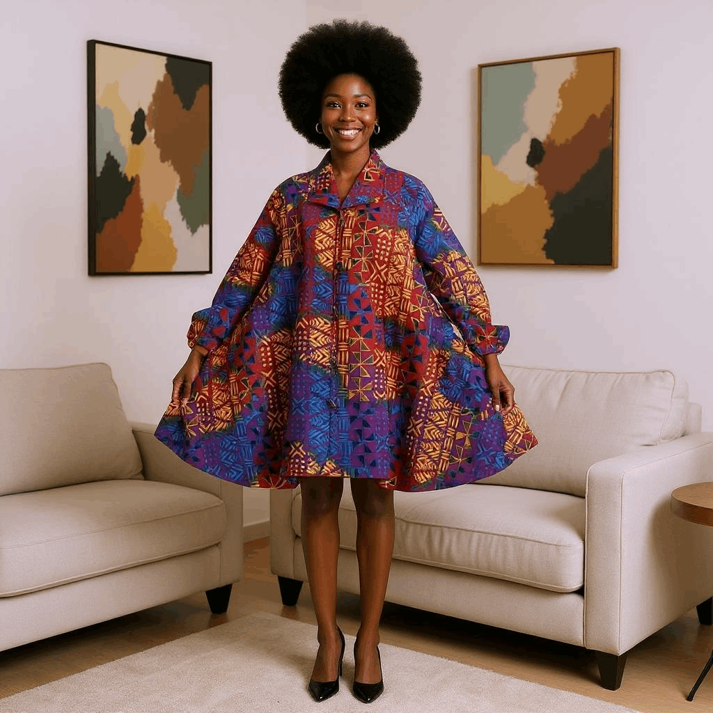 Authentic African Blue Orange Print Big Button Tunic Short Dress Blouse Top