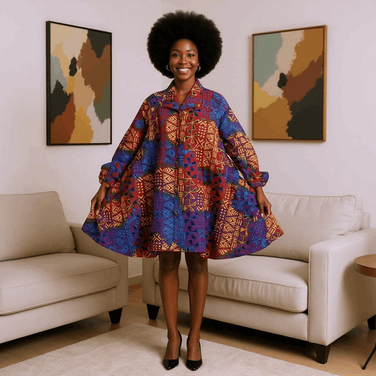 Authentic African Blue Orange Print Big Button Tunic Short Dress Blouse Top