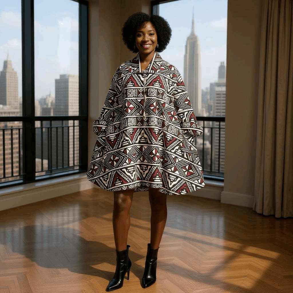 Authentic African Brown Cream Print Big Button Tunic Short Dress Blouse Top