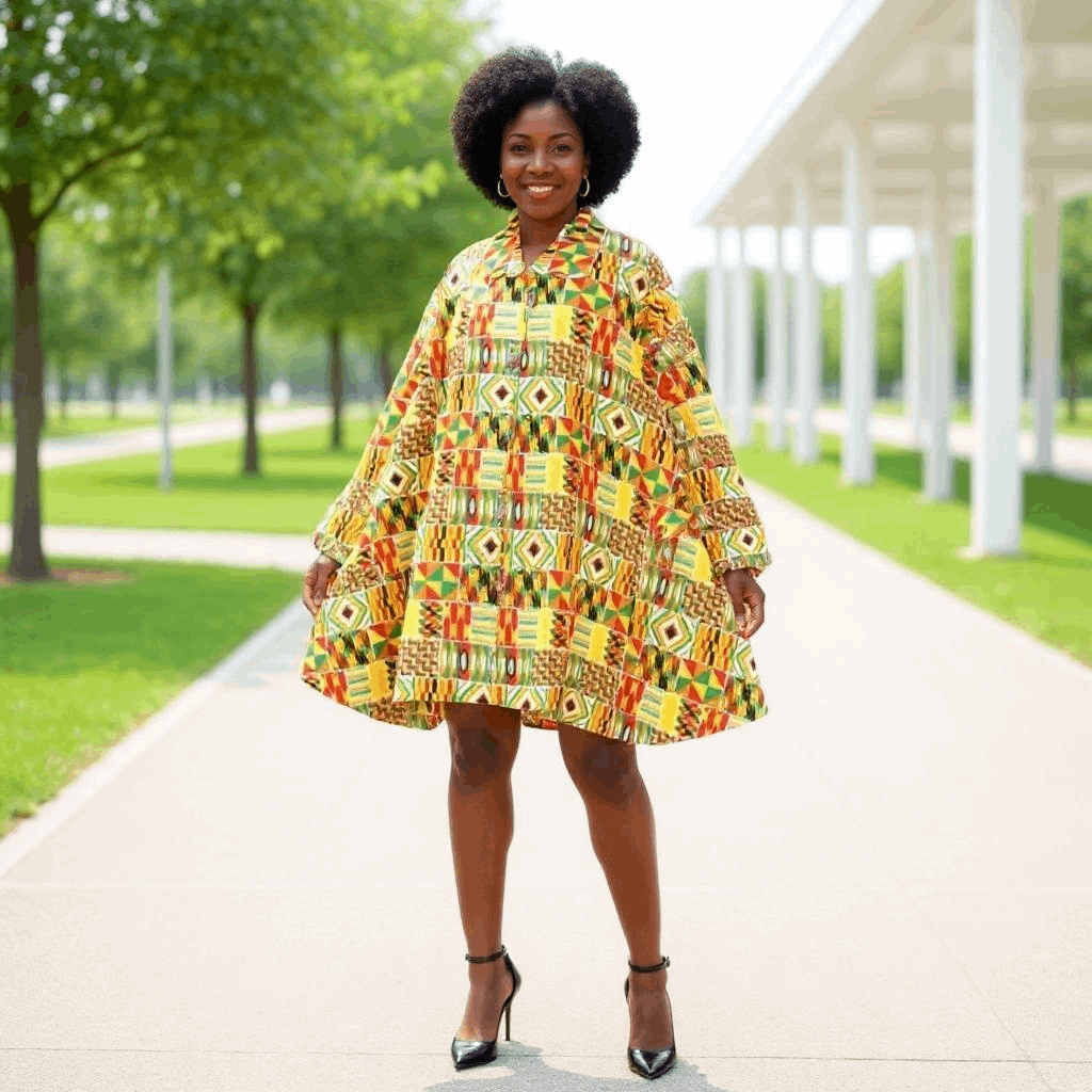 kente mini dress Authentic African Orange Kente Print Big Button Tunic Short Dress Blouse Top