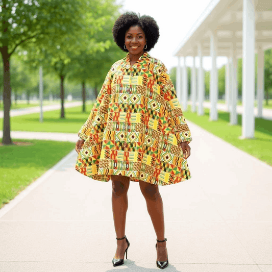 Authentic African Orange Kente Print Big Button Tunic Short Dress Blouse Top